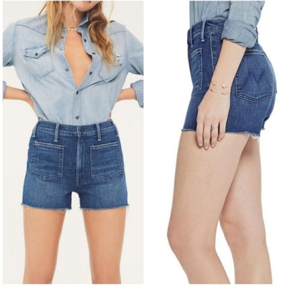 NWT MOTHER Denim Tomcat Patch Pocket Frayed Jean Shorts Three Little Ships 25 - Picture 1 of 7